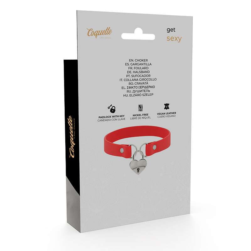 COQUETTE CHIC DESIRE - RED VEGAN LEATHER NECKLACE WITH HEART KEY ACCESSORY