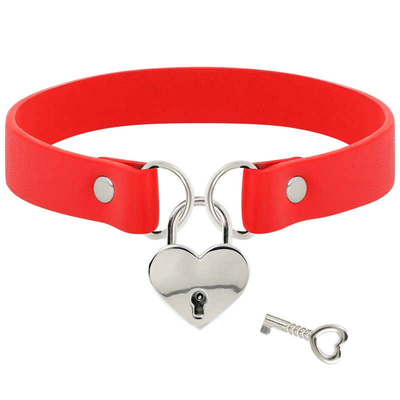 COQUETTE CHIC DESIRE - RED VEGAN LEATHER NECKLACE WITH HEART KEY ACCESSORY