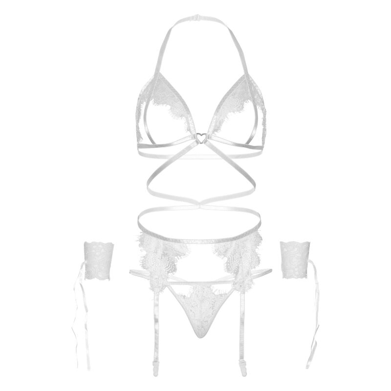 LEG AVENUE - ENSEMBLE 4 PIÈCES SOUTIEN-GORGE, STRING, CEINTURE ET MANCHETTES TAILLE UNIQUE - NOIR