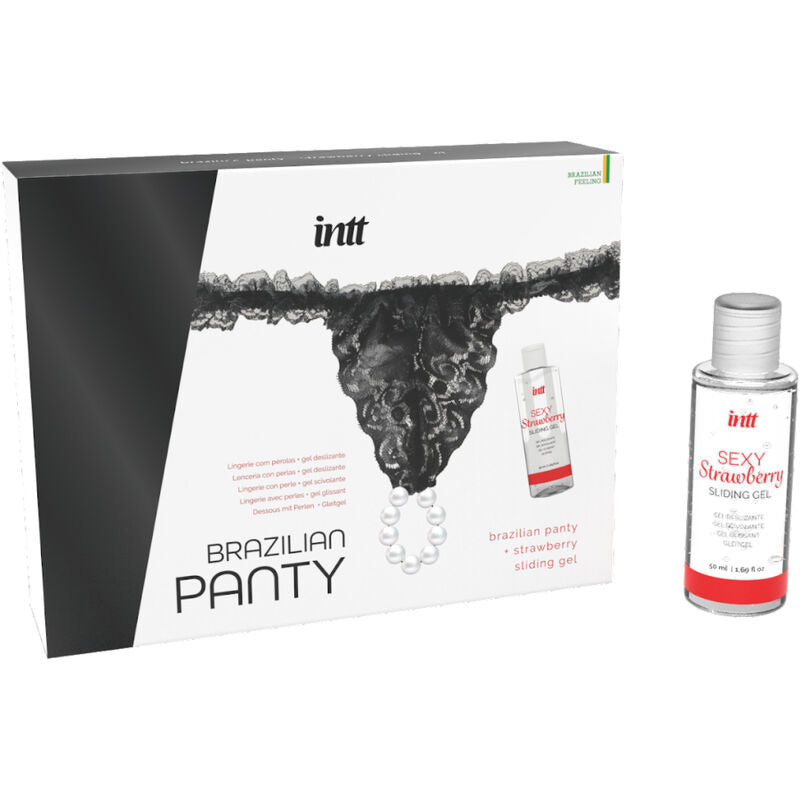 INTT LANCEMENTS - CULOTTE BRÉSILIENNE NOIRE AVEC PERLES ET GEL LUBRIFIANT 50 ML