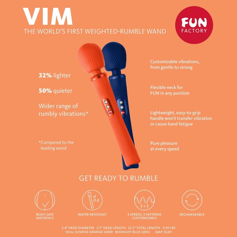 FUN FACTORY - RECHARGEABLE VIBRATING SILICONE WEIGHTED RUMBLE WAND VIM MIDNIGHT BLUE