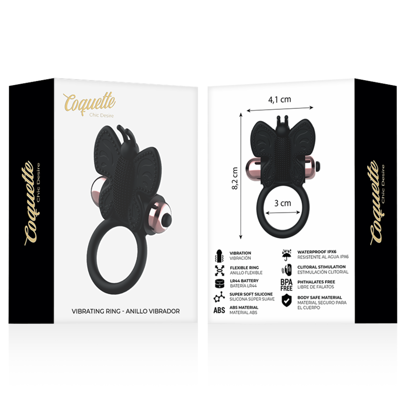 COQUETTE CHIC DESIRE - BLACK/GOLD BUTTERFLY COCK RING WITH VIBRATOR