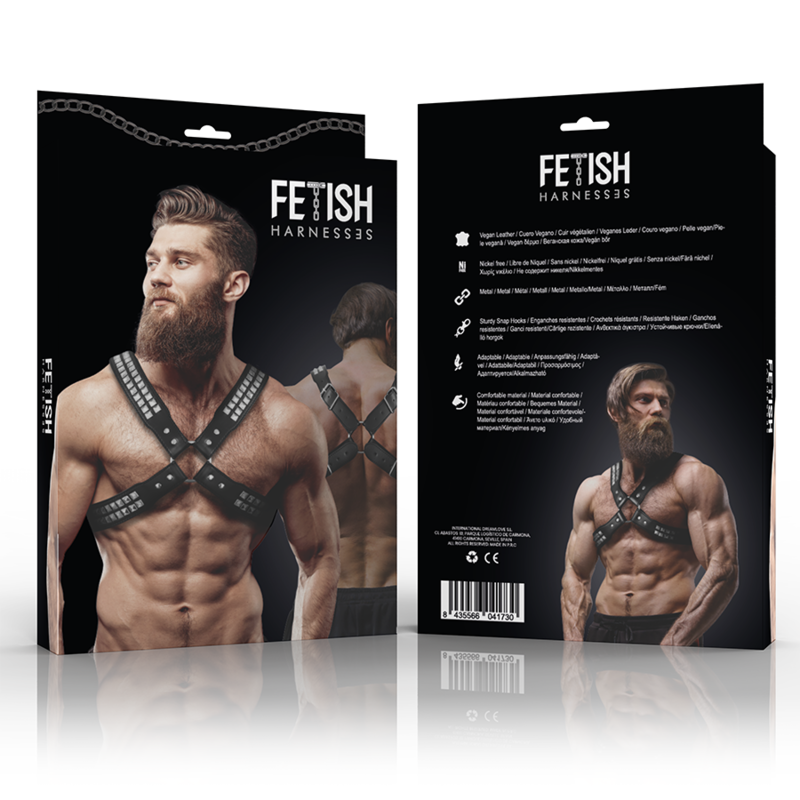 FETISH SUBMISSIVE ATTITUDE - MEN'S CROSSED CHEST FAUX LEATHER HARNESS WITH RIVETS