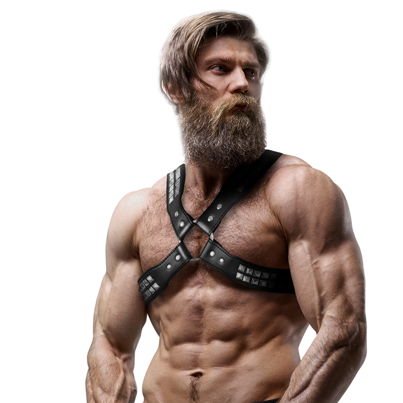 FETISH SUBMISSIVE ATTITUDE - MEN'S CROSSED CHEST FAUX LEATHER HARNESS WITH RIVETS