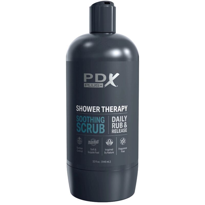 PDX PLUS - Shampoing exfoliant apaisant pour masturbateur, présenté dans un flacon discret.