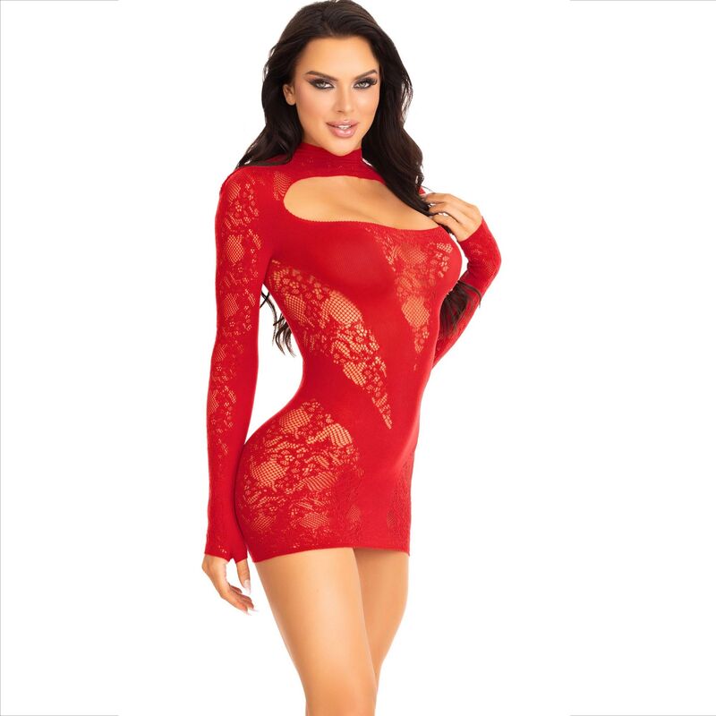 LEG AVENUE - RED LONG-SLEEVE LACE MINI DRESS