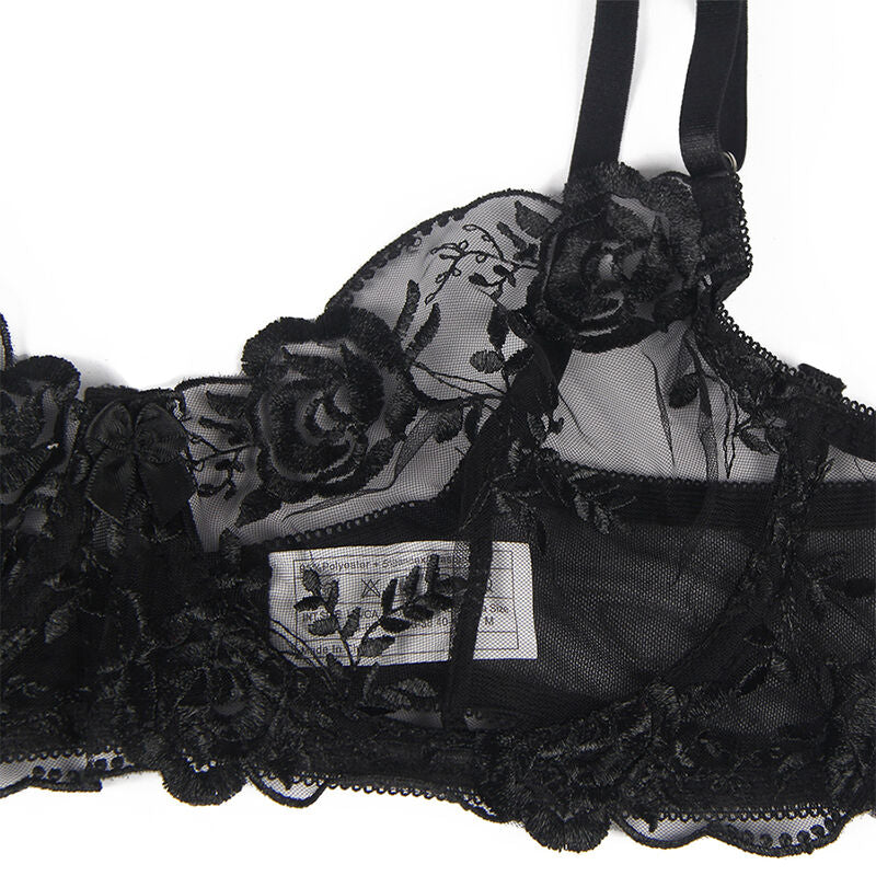 SUBBLIME - ENSEMBLE 3 PIÈCES SOUTIEN-GORGE + STRING + PORTE-JARRETELLES IMPRIMÉ FLORAL NOIR S/M