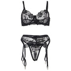 SUBBLIME - ENSEMBLE 3 PIÈCES SOUTIEN-GORGE + STRING + PORTE-JARRETELLES IMPRIMÉ FLORAL NOIR S/M
