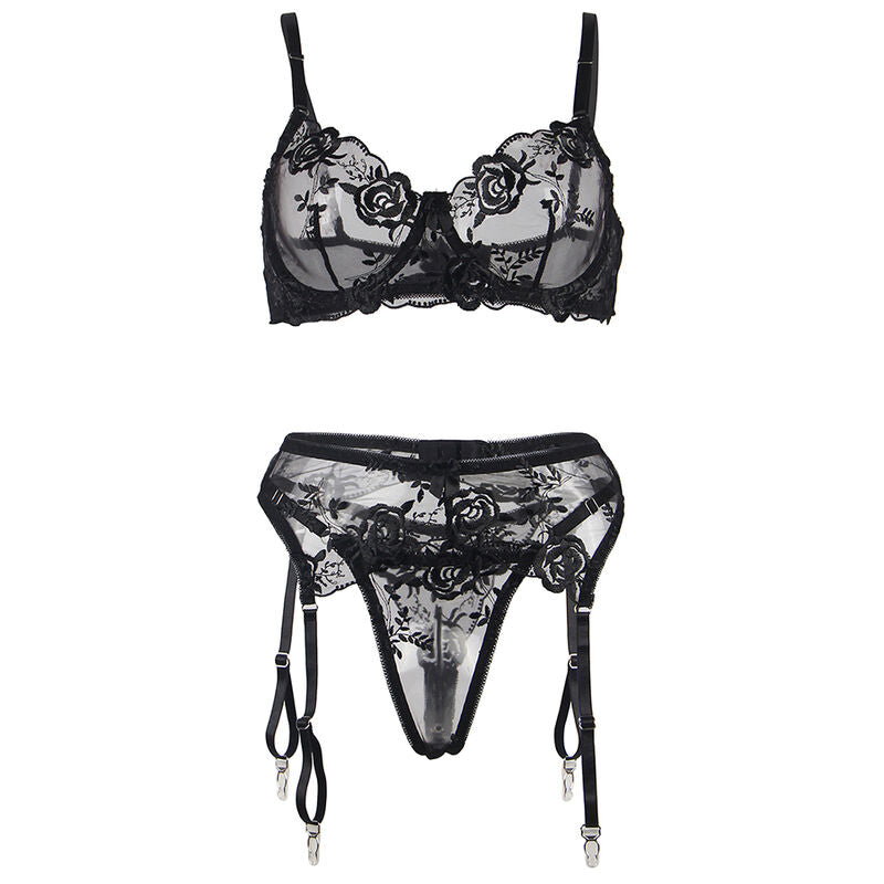 SUBBLIME - ENSEMBLE 3 PIÈCES SOUTIEN-GORGE + STRING + PORTE-JARRETELLES IMPRIMÉ FLORAL NOIR S/M