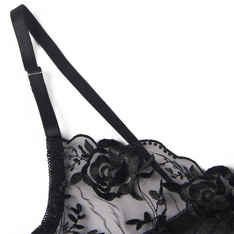 SUBBLIME - ENSEMBLE 3 PIÈCES SOUTIEN-GORGE + STRING + PORTE-JARRETELLES IMPRIMÉ FLORAL NOIR S/M