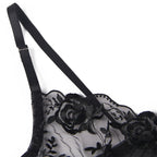 SUBBLIME - ENSEMBLE 3 PIÈCES SOUTIEN-GORGE + STRING + PORTE-JARRETELLES IMPRIMÉ FLORAL NOIR S/M