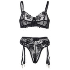 SUBBLIME - ENSEMBLE 3 PIÈCES SOUTIEN-GORGE + STRING + PORTE-JARRETELLES IMPRIMÉ FLORAL NOIR S/M