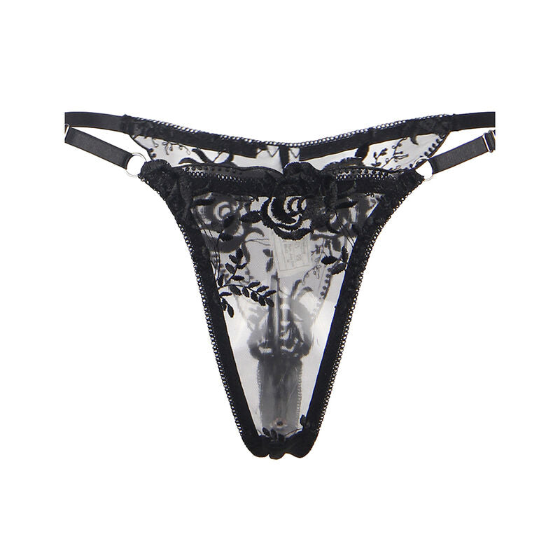 SUBBLIME - ENSEMBLE 3 PIÈCES SOUTIEN-GORGE + STRING + PORTE-JARRETELLES IMPRIMÉ FLORAL NOIR S/M
