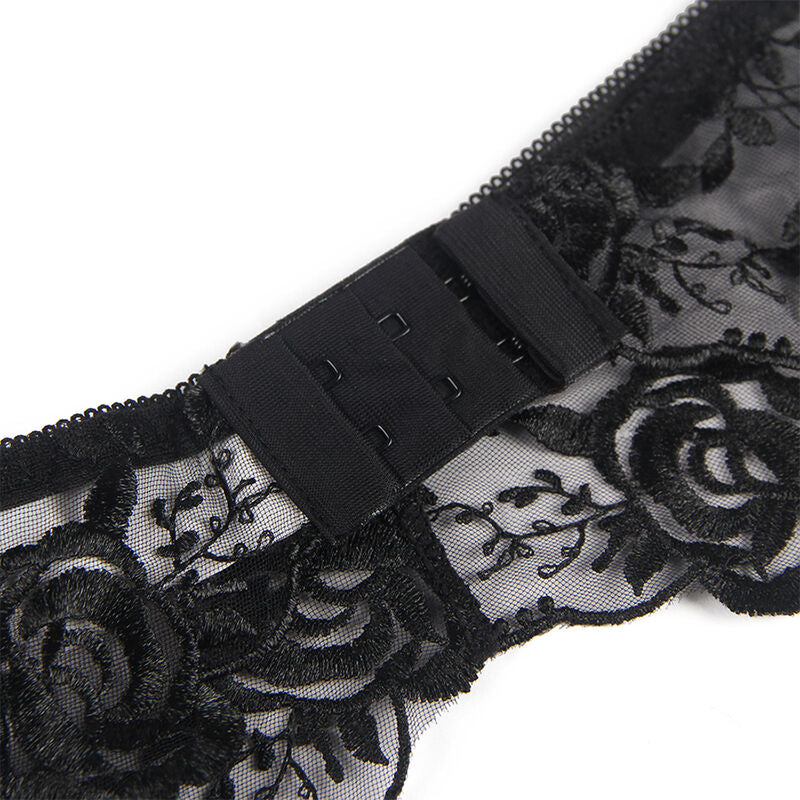 SUBBLIME - ENSEMBLE 3 PIÈCES SOUTIEN-GORGE + STRING + PORTE-JARRETELLES IMPRIMÉ FLORAL NOIR S/M