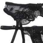 SUBBLIME - ENSEMBLE 3 PIÈCES SOUTIEN-GORGE + STRING + PORTE-JARRETELLES IMPRIMÉ FLORAL NOIR S/M