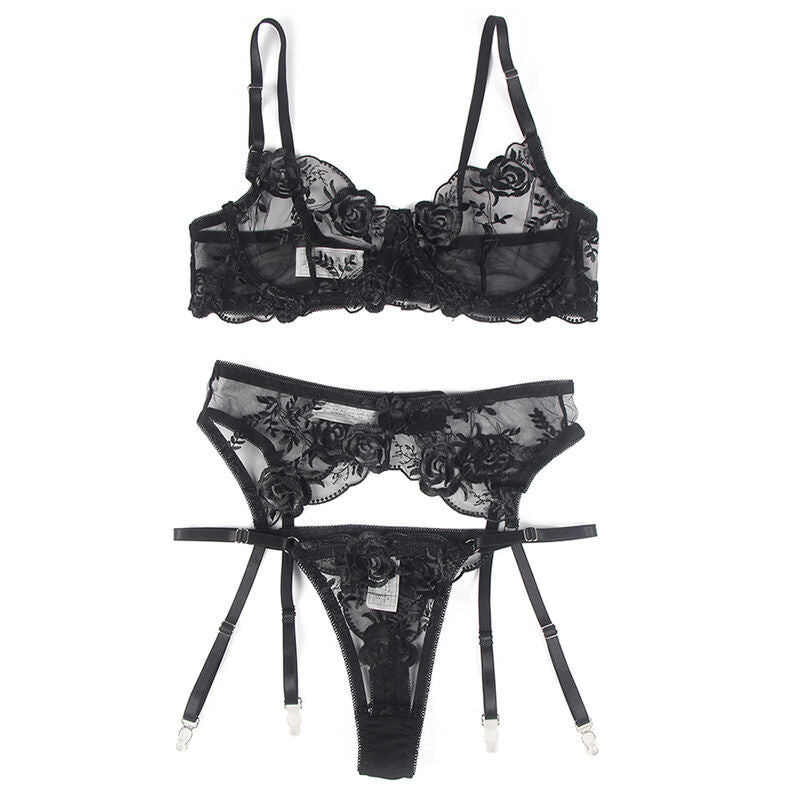 SUBBLIME - ENSEMBLE 3 PIÈCES SOUTIEN-GORGE + STRING + PORTE-JARRETELLES IMPRIMÉ FLORAL NOIR S/M