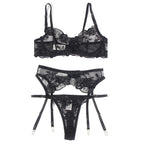 SUBBLIME - ENSEMBLE 3 PIÈCES SOUTIEN-GORGE + STRING + PORTE-JARRETELLES IMPRIMÉ FLORAL NOIR S/M