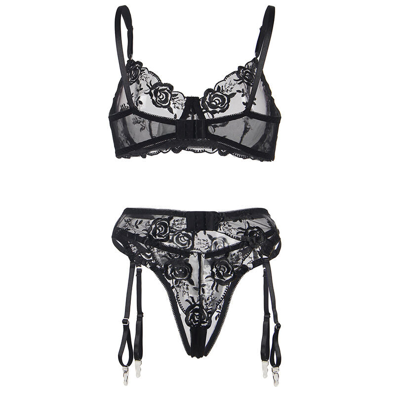 SUBBLIME - ENSEMBLE 3 PIÈCES SOUTIEN-GORGE + STRING + PORTE-JARRETELLES IMPRIMÉ FLORAL NOIR S/M