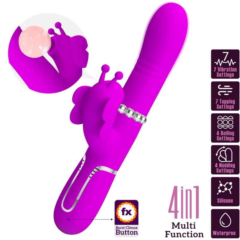 PRETTY LOVE - 4-IN-1 MULTIFUNCTIONAL RABBIT VIBRATOR, FUCHSIA BUTTERFLY