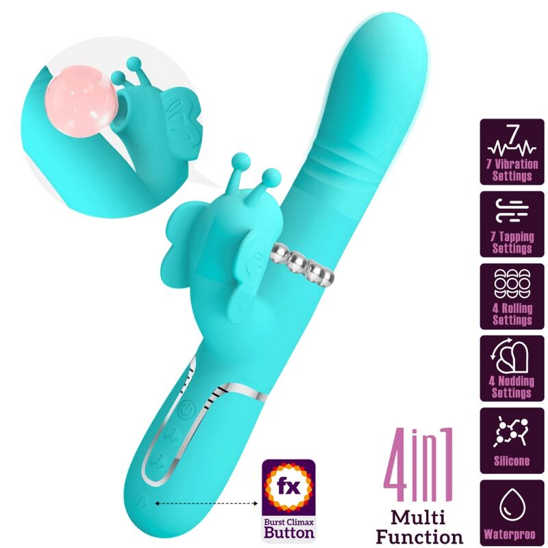 PRETTY LOVE - 4-IN-1 MULTIFUNCTIONAL RABBIT VIBRATOR, AQUA GREEN BUTTERFLY