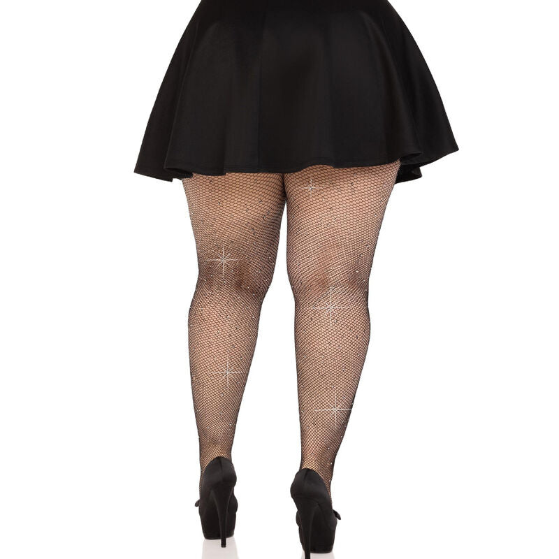 LEG AVENUE - BLACK CRYSTAL FISHNET STOCKINGS PLUS SIZES
