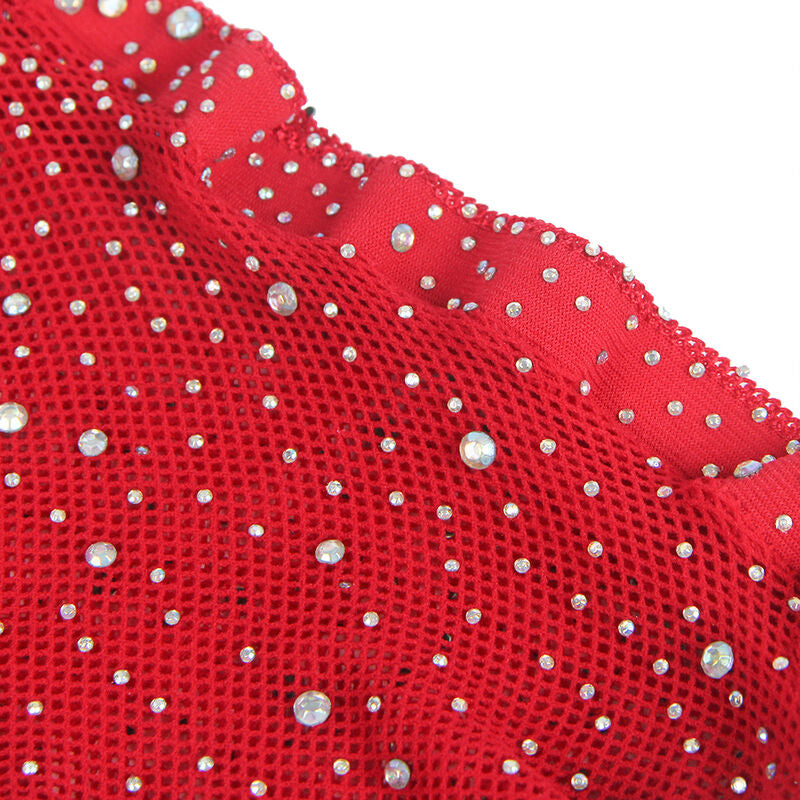 SUBBLIME - 952181 RED MESH BODYSTOCKING WITH GLOVES AND RHINESTONE ONE SIZE