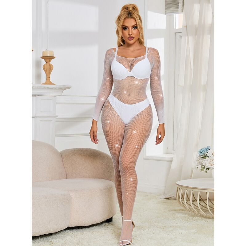 SUBBLIME - 952396 RHINESTONE MESH BODYSTOCKING LONG SLEEVE WHITE ONE SIZE