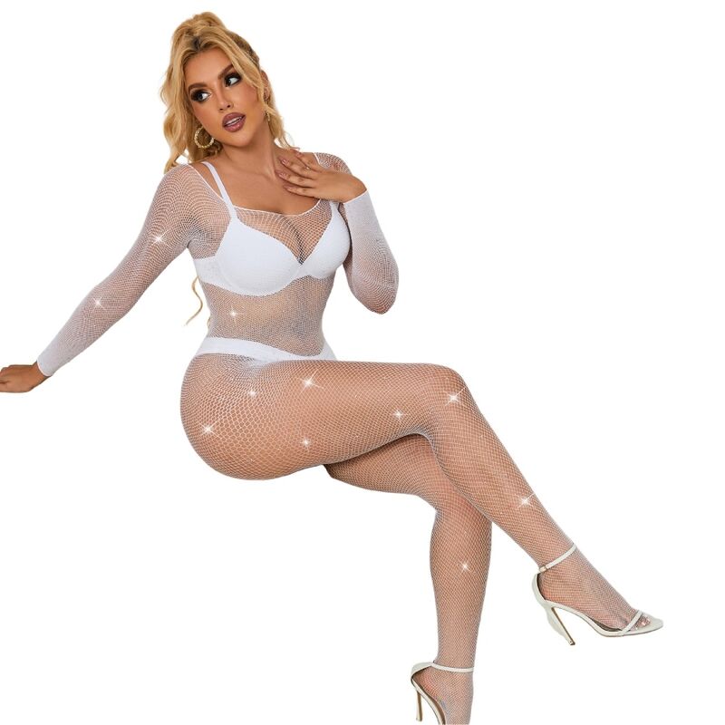 SUBBLIME - 952396 RHINESTONE MESH BODYSTOCKING LONG SLEEVE WHITE ONE SIZE