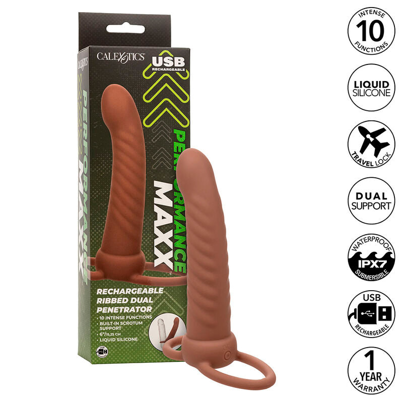 CALEXOTICS - MAXX NERVÉ DOUBLE PÉNÉTRATION 10 VIBRATIONS MARRON