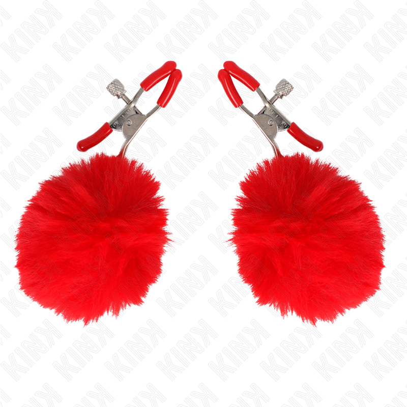 KINK - 6 CM RED FAUX FUR BALL NIPPLE CLAMPS