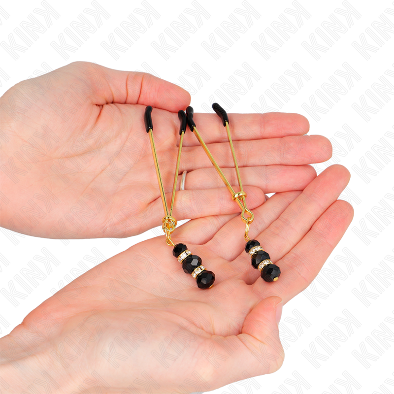 KINK - THIN GOLD NIPPLE CLAMPS WITH 3 BLACK GLASS BEADS 7 CM