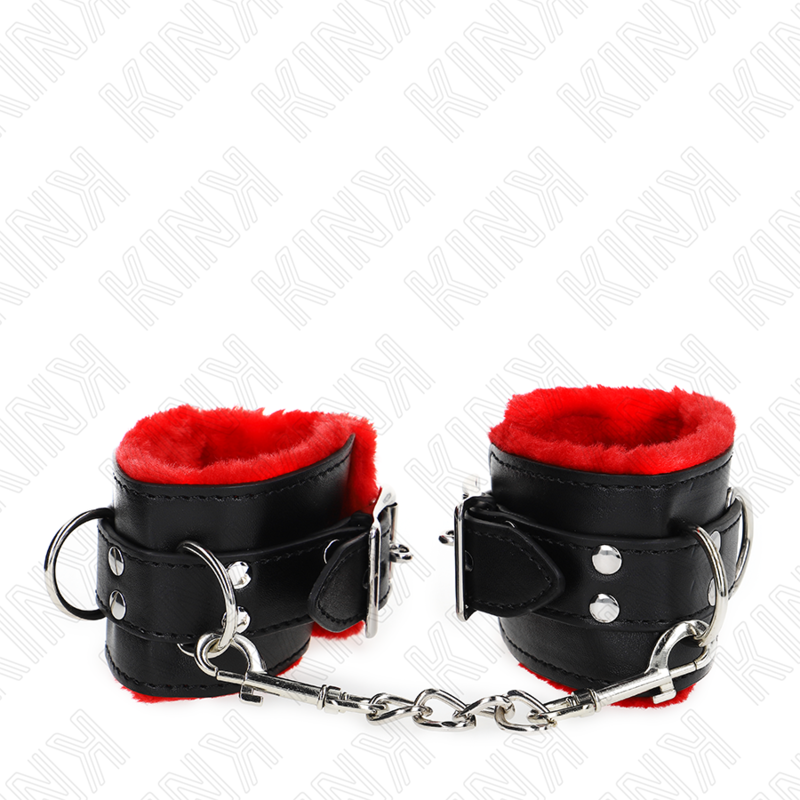KINK - POIGNETS REMBOURRÉS EN FOURRURE AVEC TROUS CARRÉS, CEINTURE ROUGE ET NOIRE RÉGLABLE 17-29 CM X 6 CM