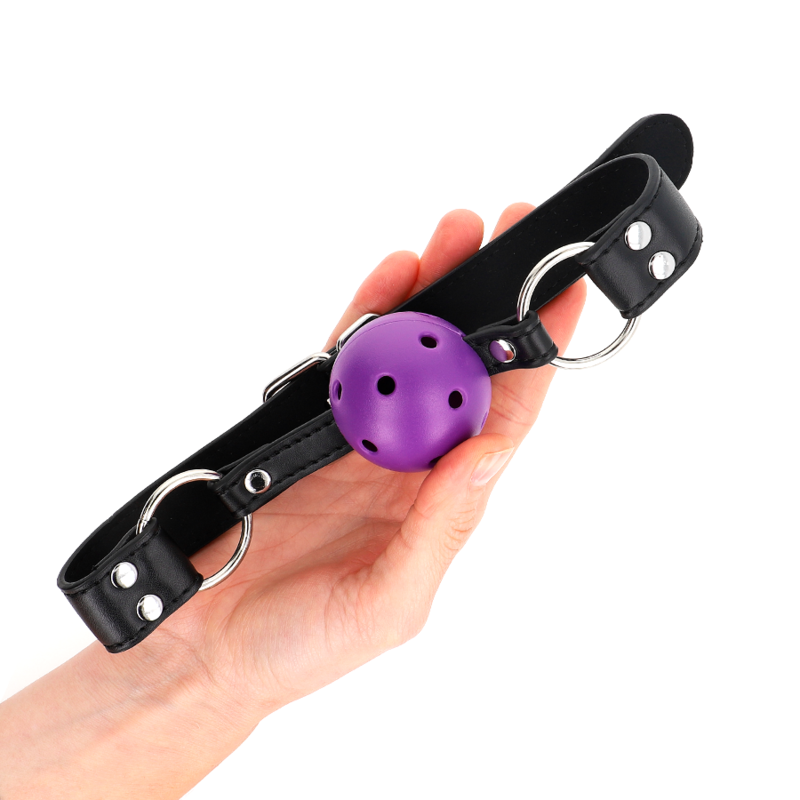 KINK - Bâillon à boule respirant de 4 cm avec double rivet violet 62,5 x 2,5 cm ajustable de 42 à 58 cm