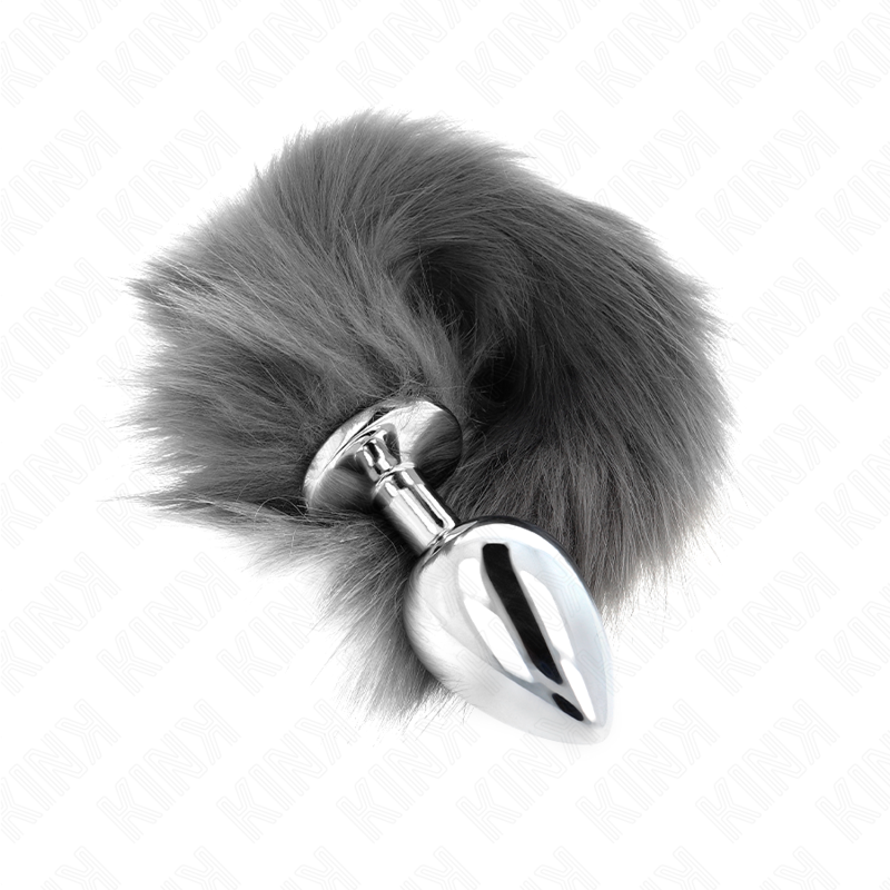 KINK - PLUG ANAL L 10 X 4 CM AVEC QUEUE SYNTHÉTIQUE 40 CM GRIS ET BLANC