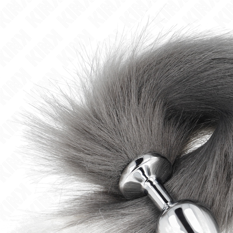 KINK - Plug anal taille M 8 x 3,5 cm avec queue synthétique 40 cm gris et blanc