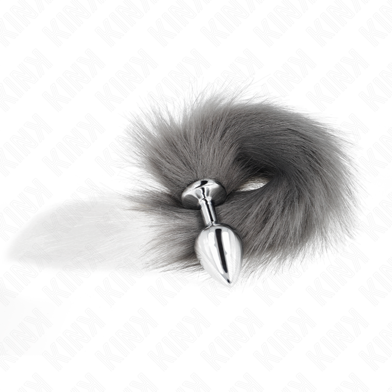 KINK - Plug anal taille M 8 x 3,5 cm avec queue synthétique 40 cm gris et blanc