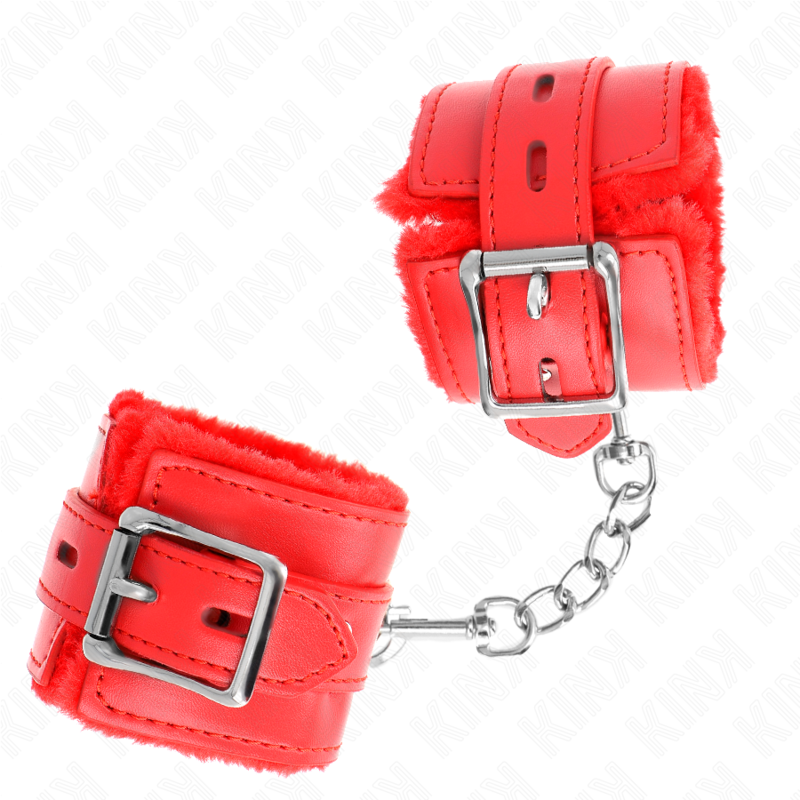KINK - Poignets rembourrés en fourrure à trous carrés rouges avec ceinture rouge ajustable 17-29 cm x 6 cm
