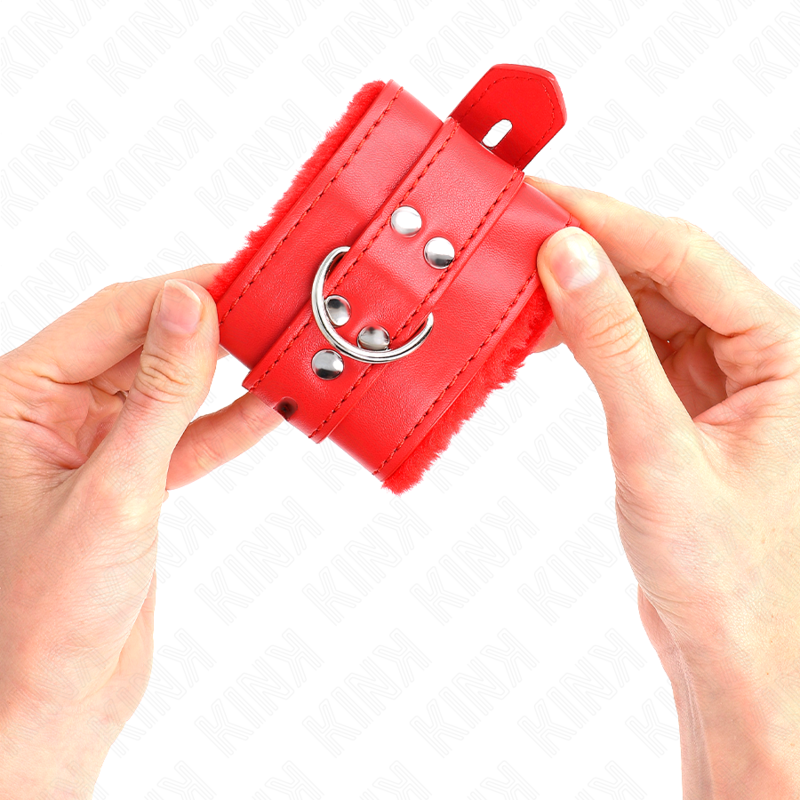 KINK - Poignets rembourrés en fourrure à trous carrés rouges avec ceinture rouge ajustable 17-29 cm x 6 cm