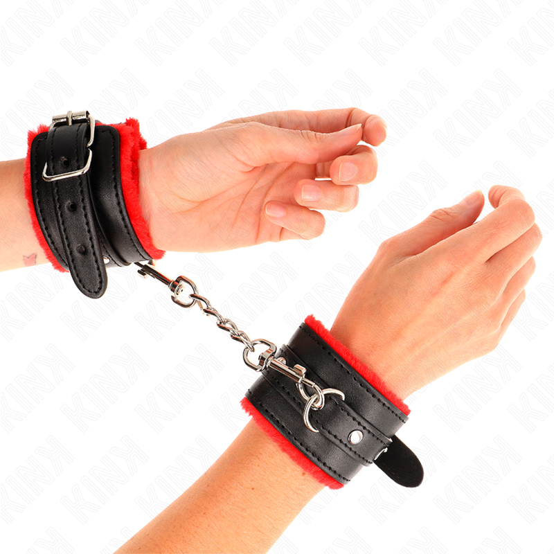 KINK - Bracelet de résistance premium doublé de fourrure rouge avec ceinture noire ajustable 17-29 cm x 6 cm
