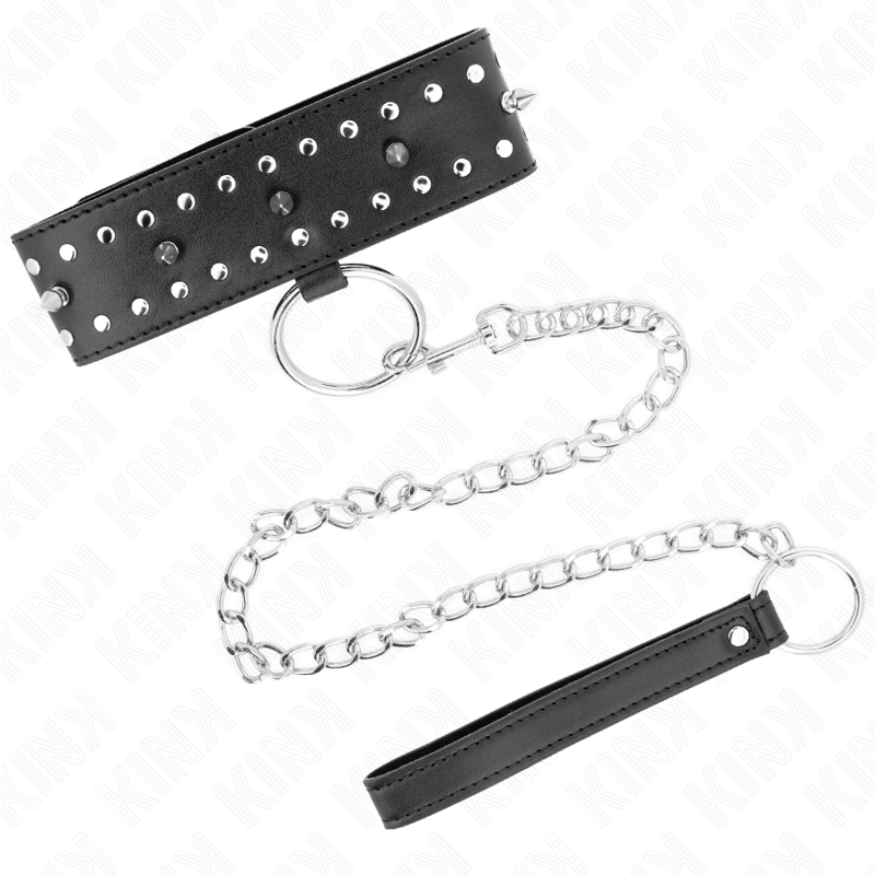 KINK - Collier laisse clouté argenté de 65 cm, modèle 1, ajustable de 36 à 43 cm x 5 cm
