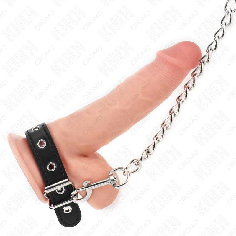KINK - LEATHER COCK RING WITH STRAP 21.5 X 2 CM AND METAL CHAIN ​​60 CM