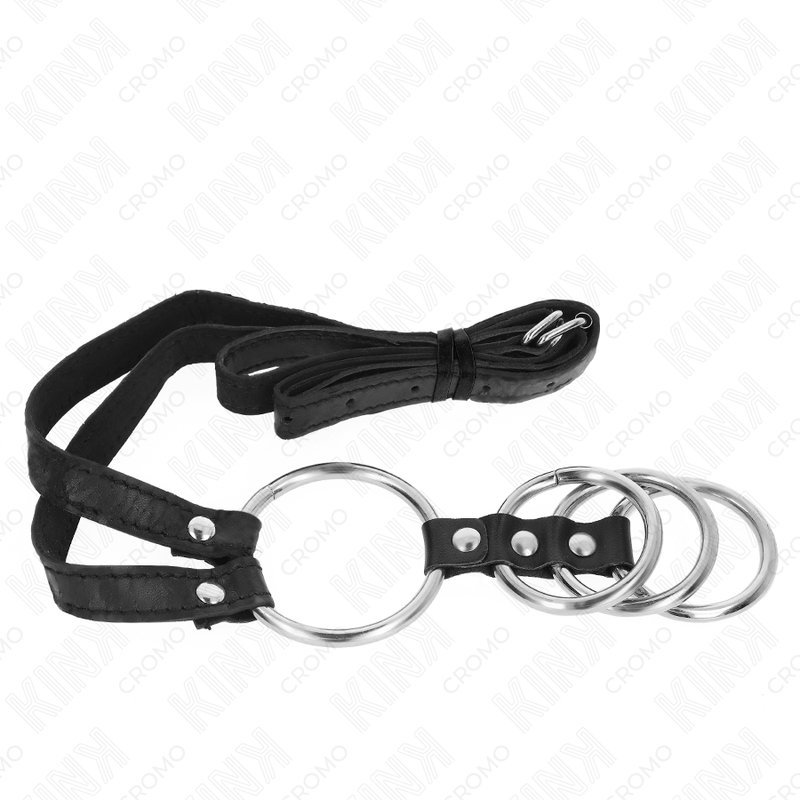 KINK - 4 CONNECTED METAL COCK RINGS 3.8CM TO 5CM WITH 112CM LEATHER BELT