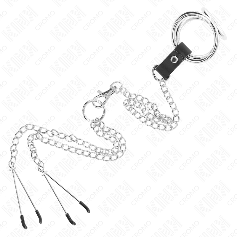 KINK - 3.8CM - 5CM TRIPLE CHROME METAL COCK RING, 26CM METAL CHAIN ​​&amp; NIPPLE CLAMPS MOD. 2