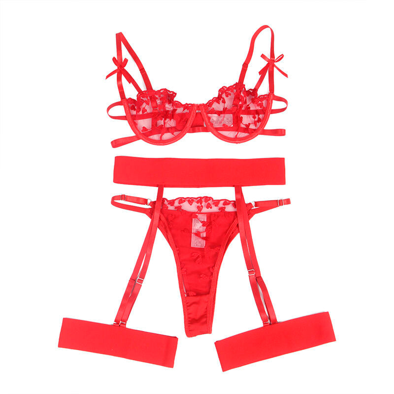 SUBBLIME - 954338 BRA + THONG + BELT WITH RED HEART PRINT L/XL