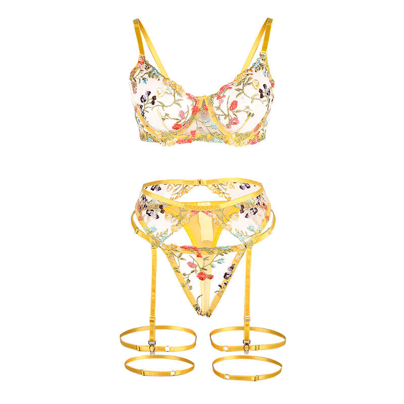 SUBBLIME - 954352 BRA + THONG + BELT WITH YELLOW FLOWERS L/XL