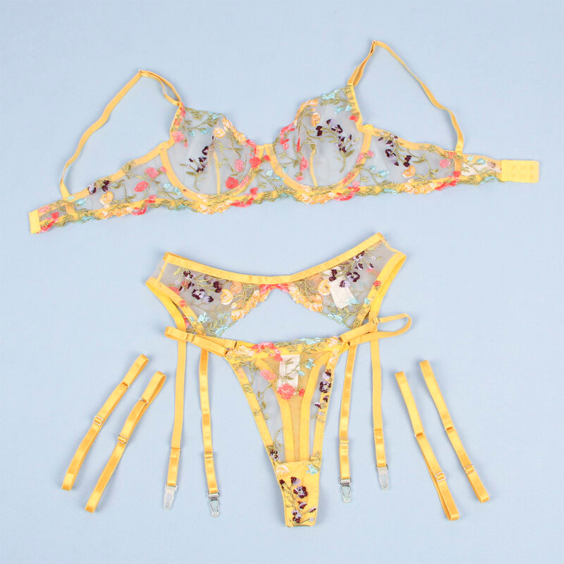 SUBBLIME - 954352 BRA + THONG + BELT WITH YELLOW FLOWERS L/XL