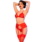 CHILIROSE - CR 4848 ENSEMBLE SOUTIEN-GORGE + STRING + BAS EN DENTELLE ROUGE
