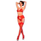 CHILIROSE - CR 4848 ENSEMBLE SOUTIEN-GORGE + STRING + BAS EN DENTELLE ROUGE