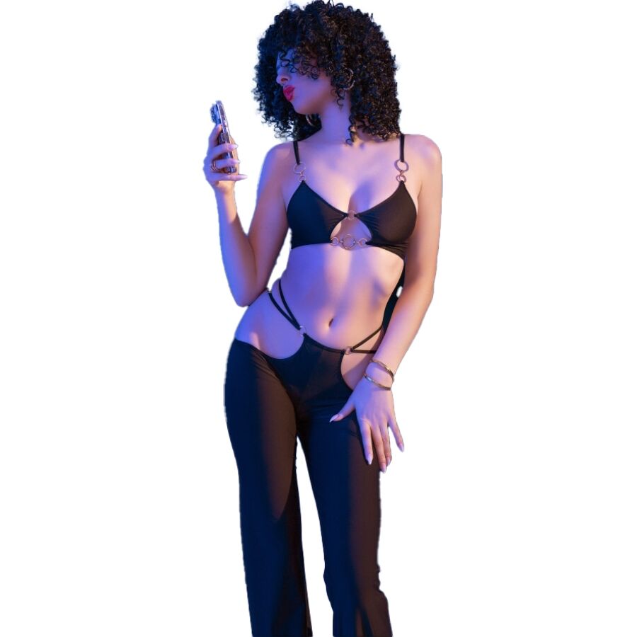 CHILIROSE - CR 4851 ENSEMBLE HAUT ET LEGGING NOIR AVEC ACCESSOIRES DORÉS S