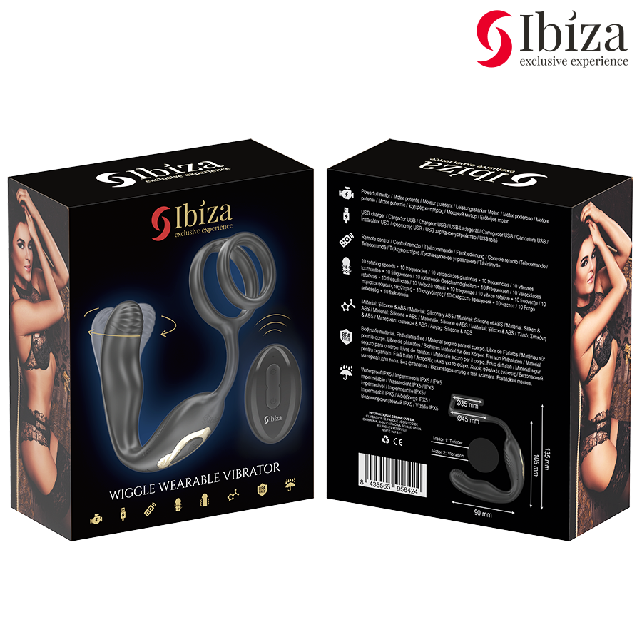IBIZA - WIGGLE REMOTE CONTROLLED ROTATING BUTTER PLUG WITH PERINEAL VIBRATION AND PENIS EXTENSION RINGS